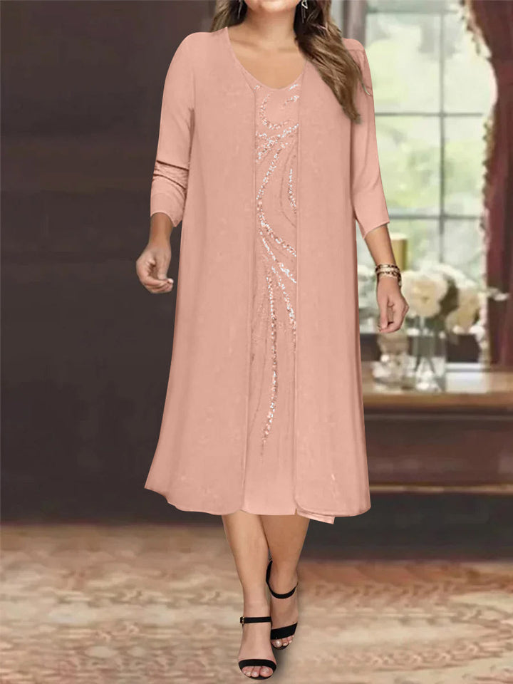 Robe de Mère de la Mariée Grande Taille à Manches Longues et Col en V avec Veste et Paillettes