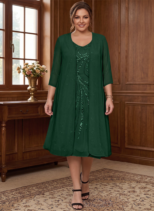 Robe de Mère de la Mariée Grande Taille à Manches Longues et Col en V avec Veste et Paillettes