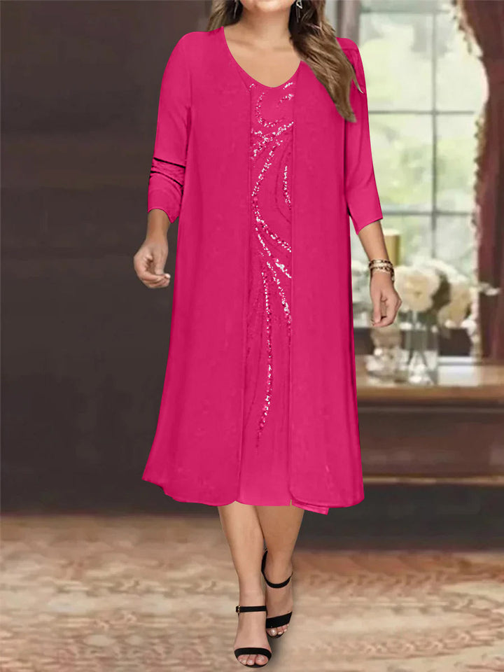 Robe de Mère de la Mariée Grande Taille à Manches Longues et Col en V avec Veste et Paillettes