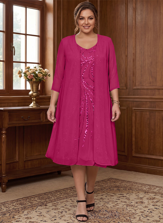 Robe de Mère de la Mariée Grande Taille à Manches Longues et Col en V avec Veste et Paillettes