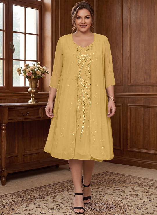 Robe de Mère de la Mariée Grande Taille à Manches Longues et Col en V avec Veste et Paillettes