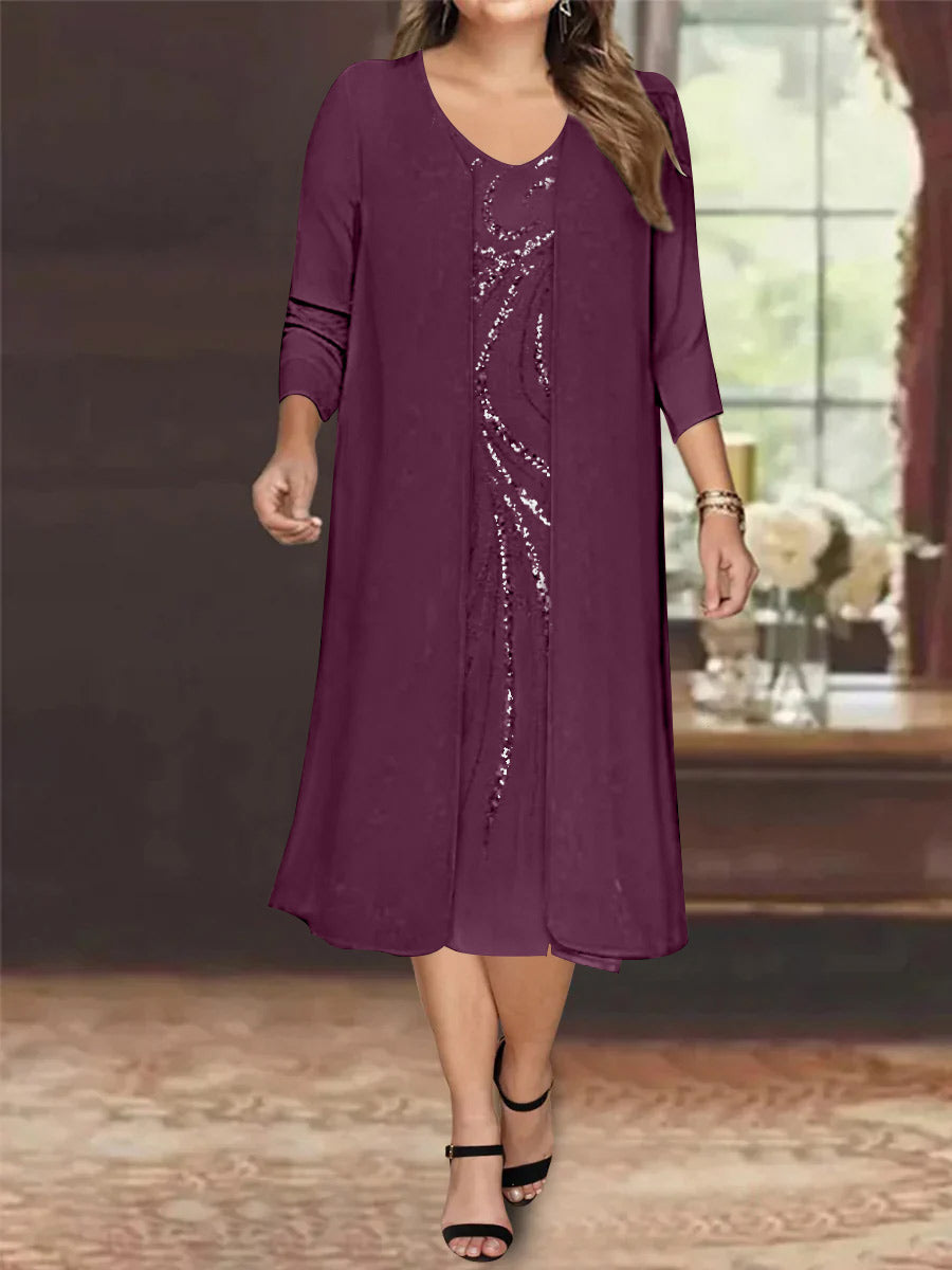 Robe de Mère de la Mariée Grande Taille à Manches Longues et Col en V avec Veste et Paillettes