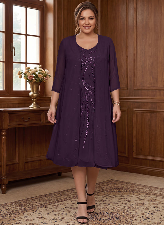 Robe de Mère de la Mariée Grande Taille à Manches Longues et Col en V avec Veste et Paillettes