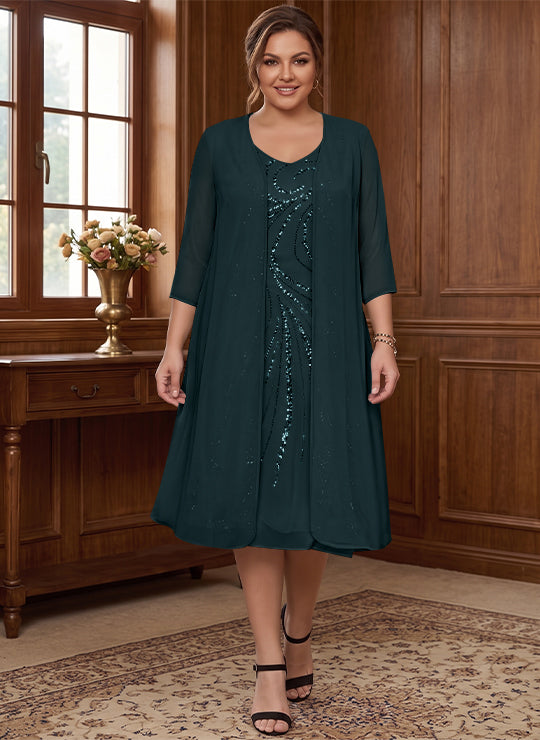 Robe de Mère de la Mariée Grande Taille à Manches Longues et Col en V avec Veste et Paillettes
