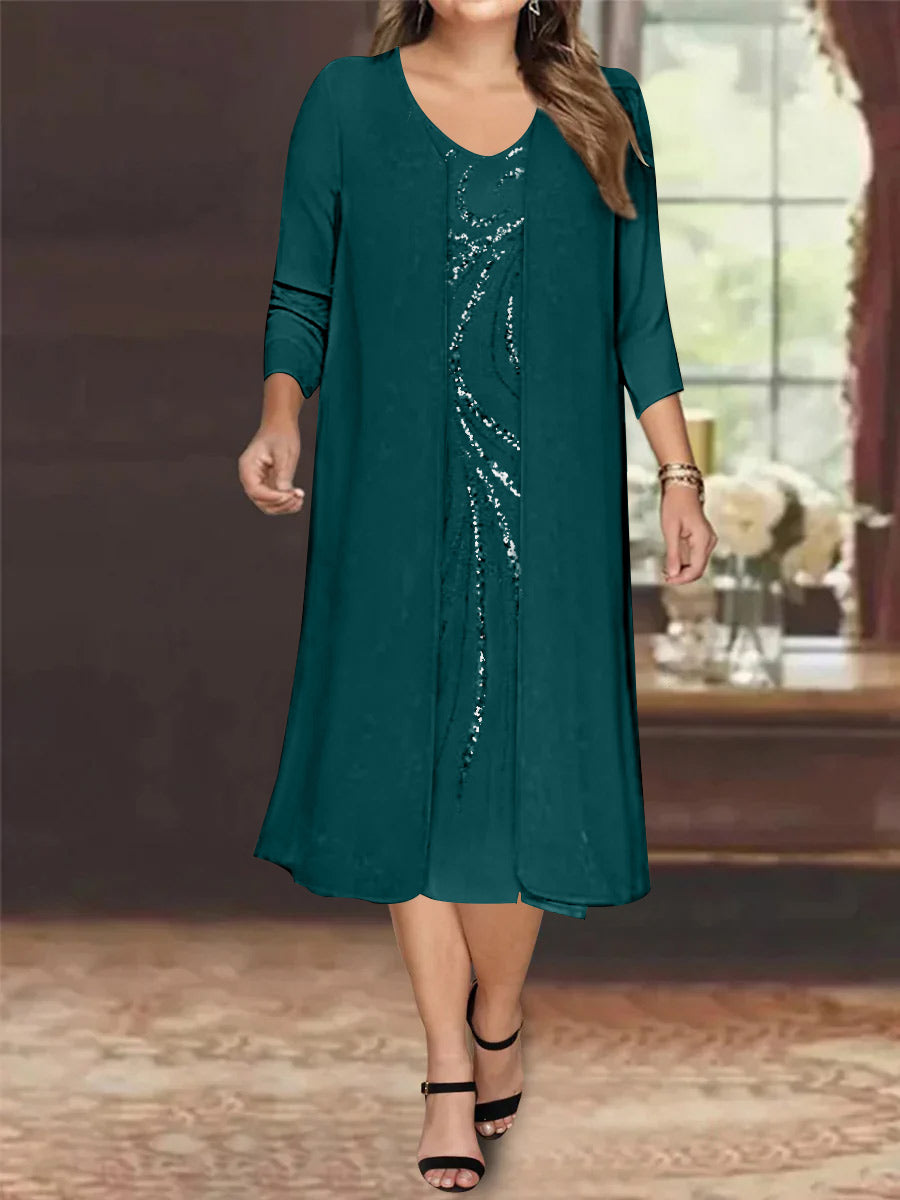 Robe de Mère de la Mariée Grande Taille à Manches Longues et Col en V avec Veste et Paillettes