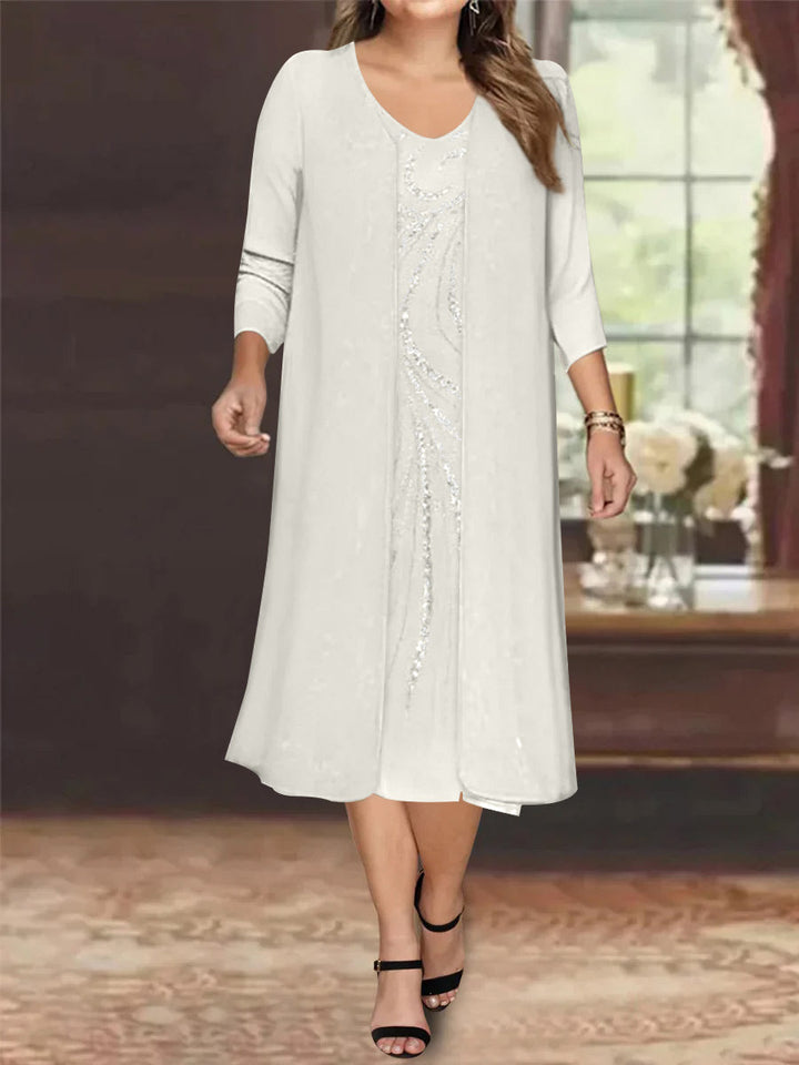 Robe de Mère de la Mariée Grande Taille à Manches Longues et Col en V avec Veste et Paillettes