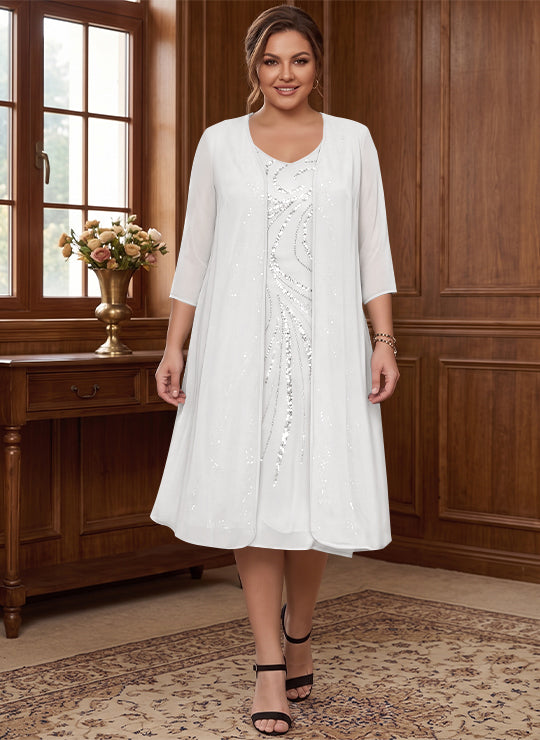 Robe de Mère de la Mariée Grande Taille à Manches Longues et Col en V avec Veste et Paillettes
