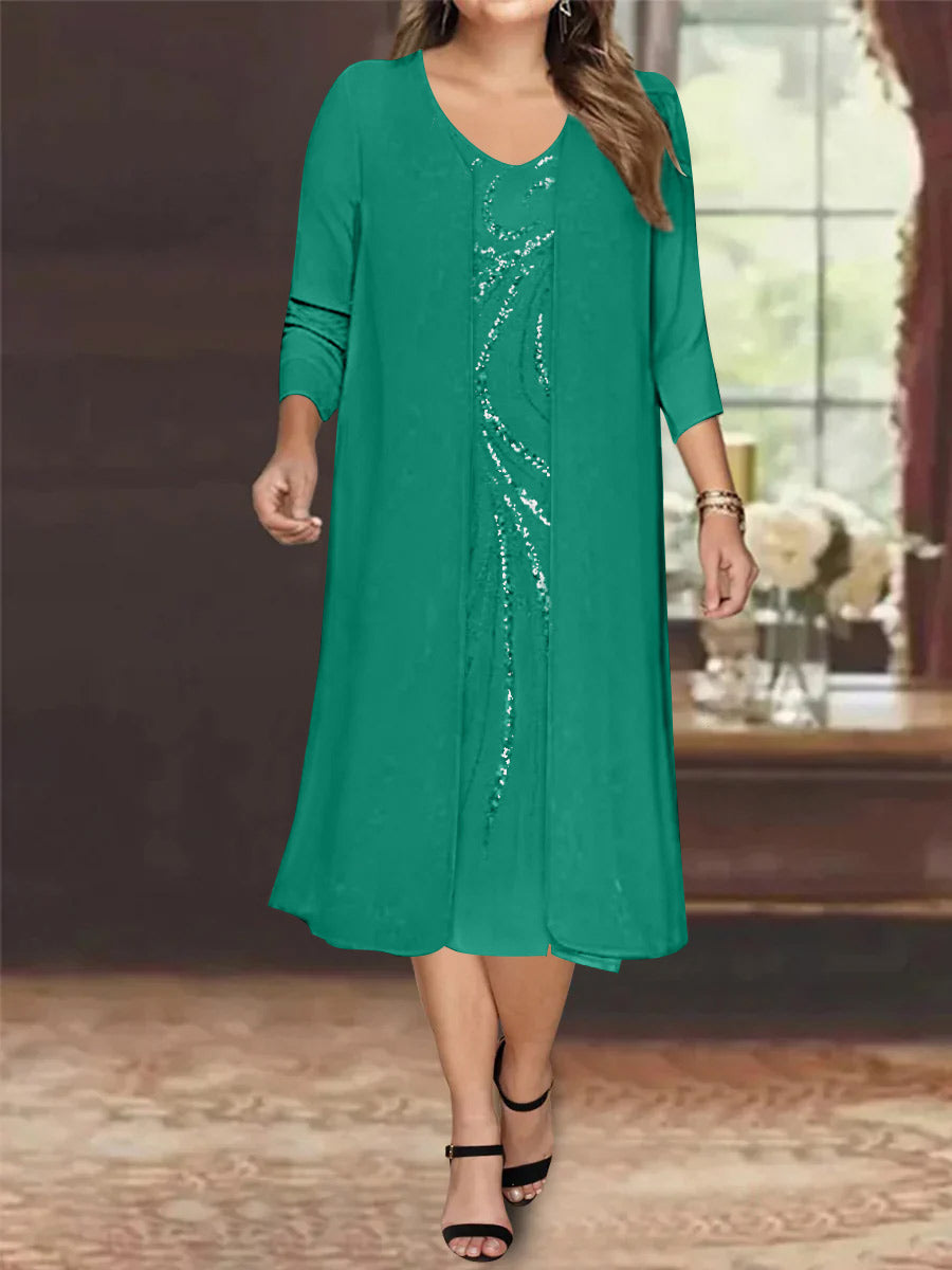 Robe de Mère de la Mariée Grande Taille à Manches Longues et Col en V avec Veste et Paillettes