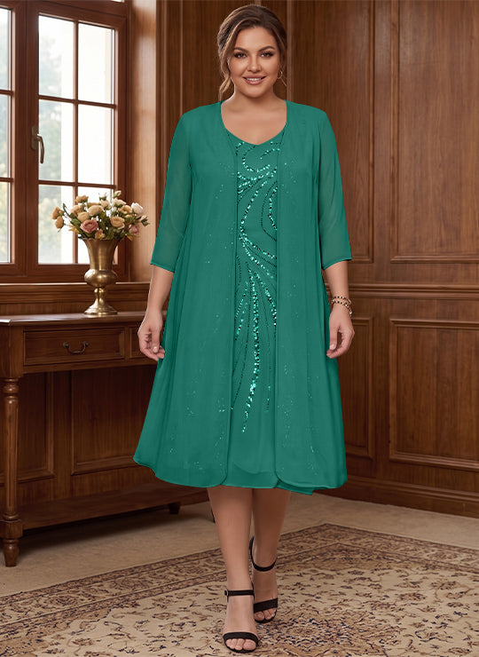 Robe de Mère de la Mariée Grande Taille à Manches Longues et Col en V avec Veste et Paillettes