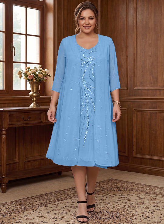 Robe de Mère de la Mariée Grande Taille à Manches Longues et Col en V avec Veste et Paillettes