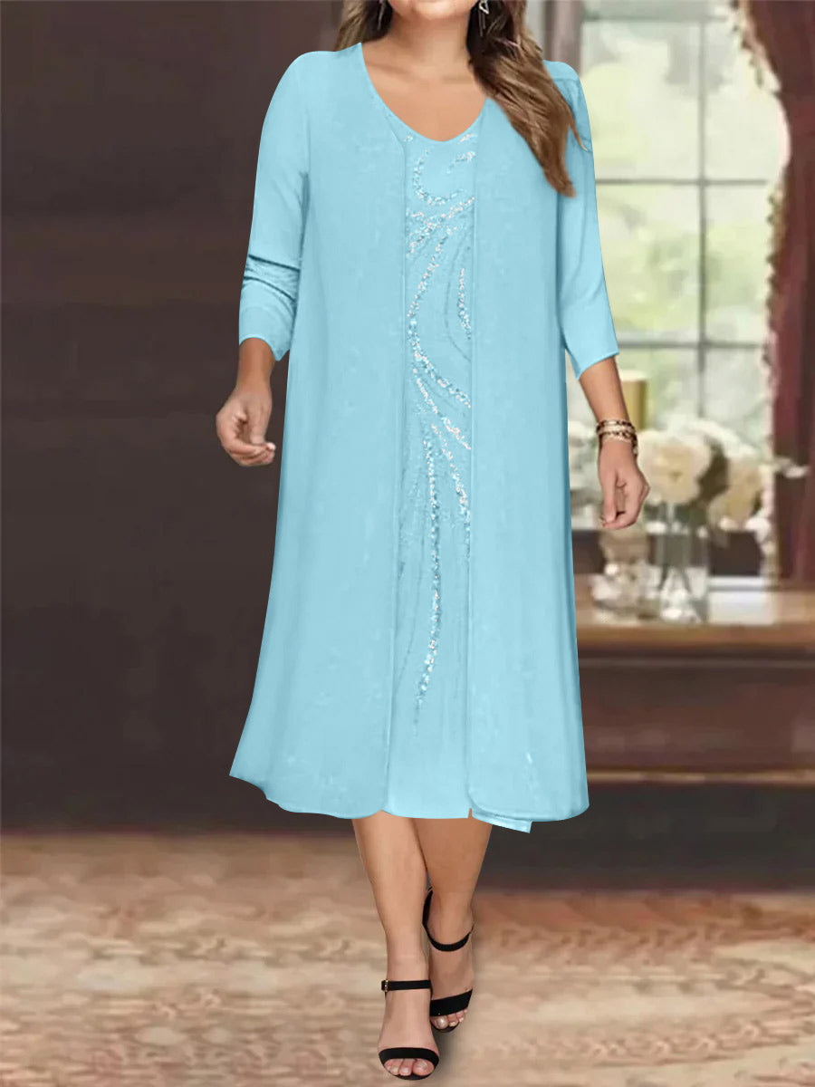 Robe de Mère de la Mariée Grande Taille à Manches Longues et Col en V avec Veste et Paillettes
