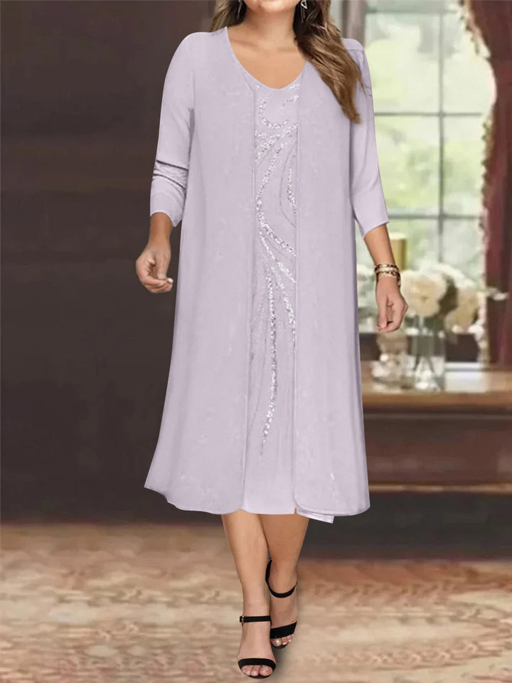 Robe de Mère de la Mariée Grande Taille à Manches Longues et Col en V avec Veste et Paillettes