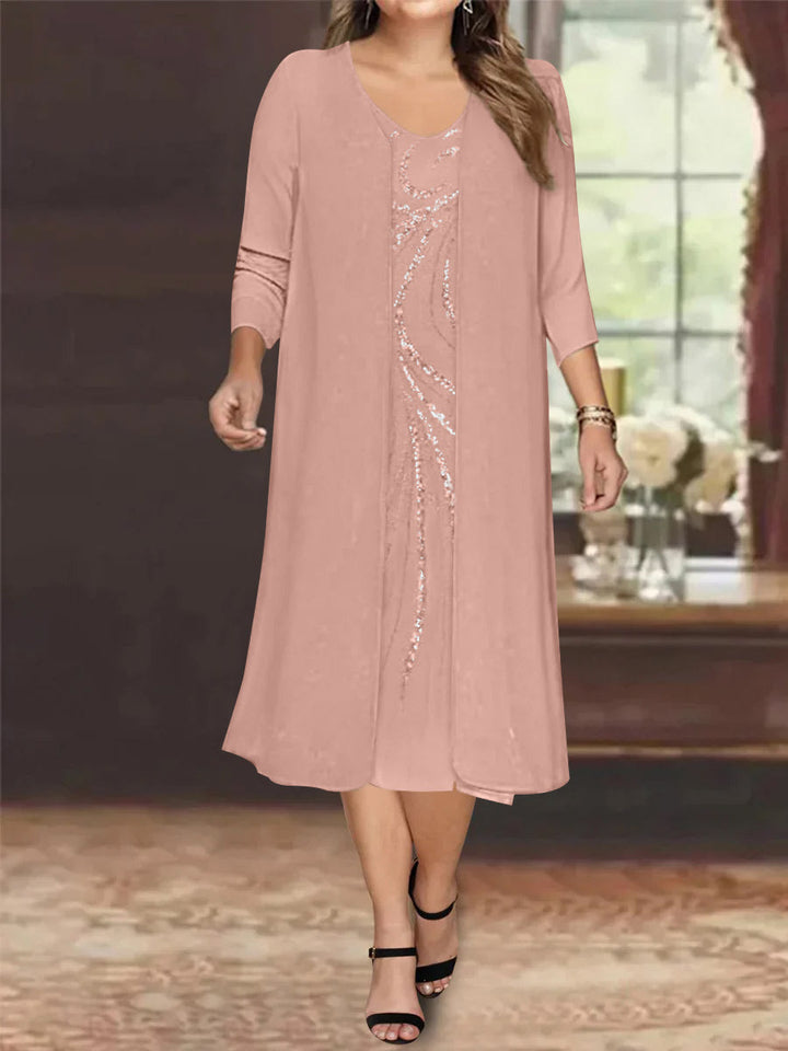 Robe de Mère de la Mariée Grande Taille à Manches Longues et Col en V avec Veste et Paillettes