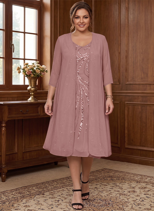Robe de Mère de la Mariée Grande Taille à Manches Longues et Col en V avec Veste et Paillettes