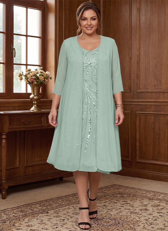Robe de Mère de la Mariée Grande Taille à Manches Longues et Col en V avec Veste et Paillettes