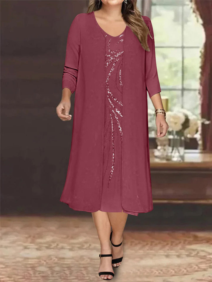 Robe de Mère de la Mariée Grande Taille à Manches Longues et Col en V avec Veste et Paillettes