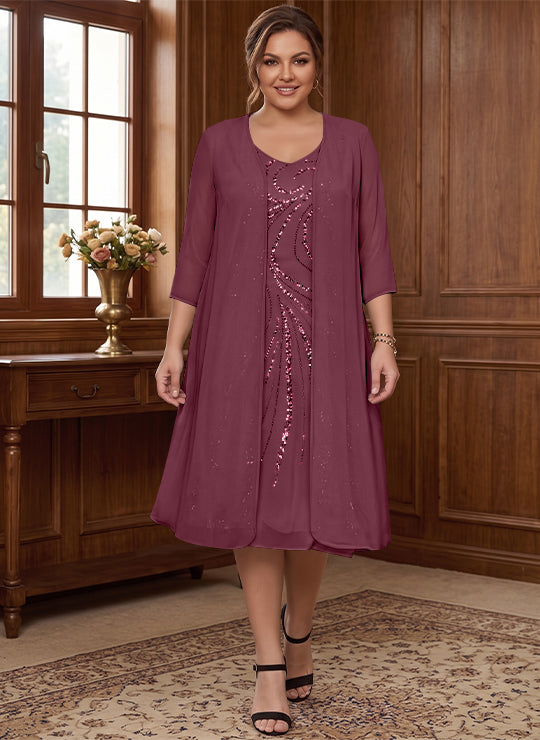 Robe de Mère de la Mariée Grande Taille à Manches Longues et Col en V avec Veste et Paillettes
