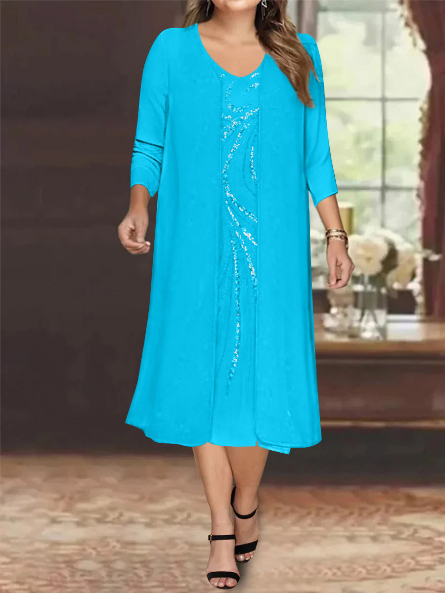 Robe de Mère de la Mariée Grande Taille à Manches Longues et Col en V avec Veste et Paillettes