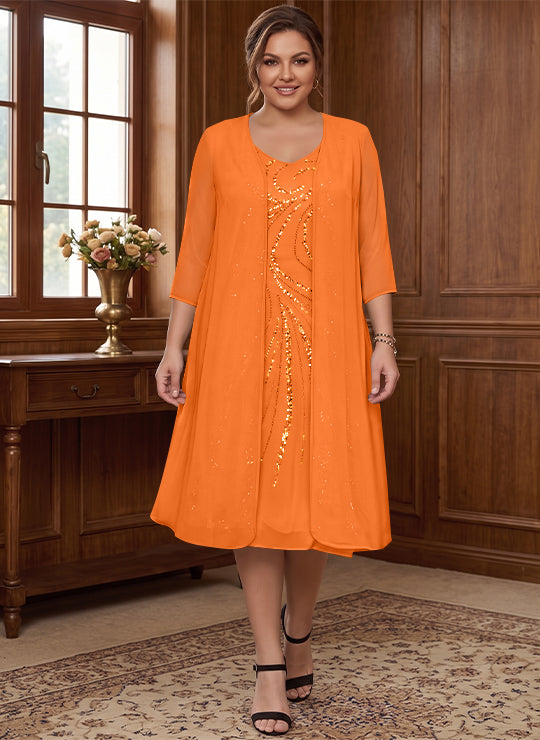 Robe de Mère de la Mariée Grande Taille à Manches Longues et Col en V avec Veste et Paillettes