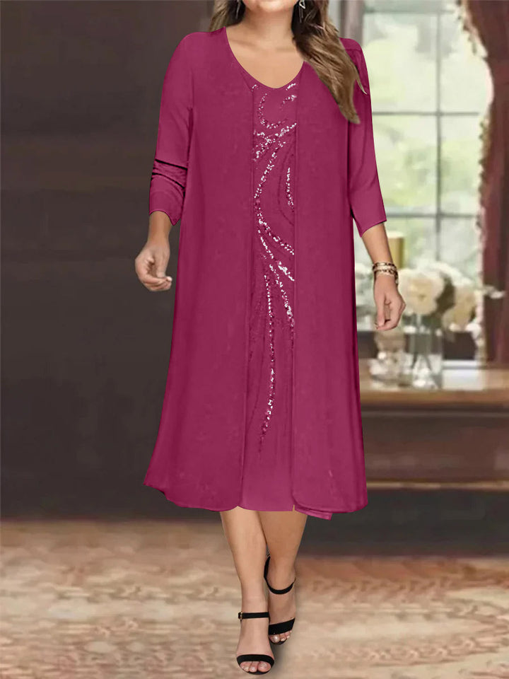 Robe de Mère de la Mariée Grande Taille à Manches Longues et Col en V avec Veste et Paillettes