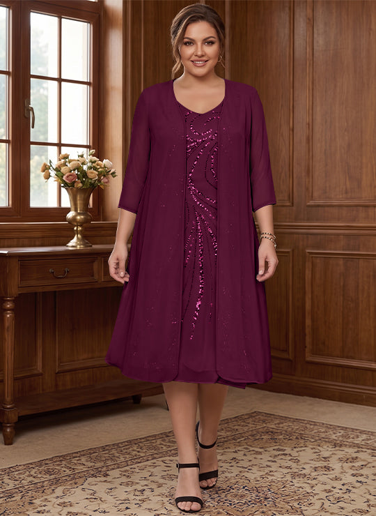 Robe de Mère de la Mariée Grande Taille à Manches Longues et Col en V avec Veste et Paillettes