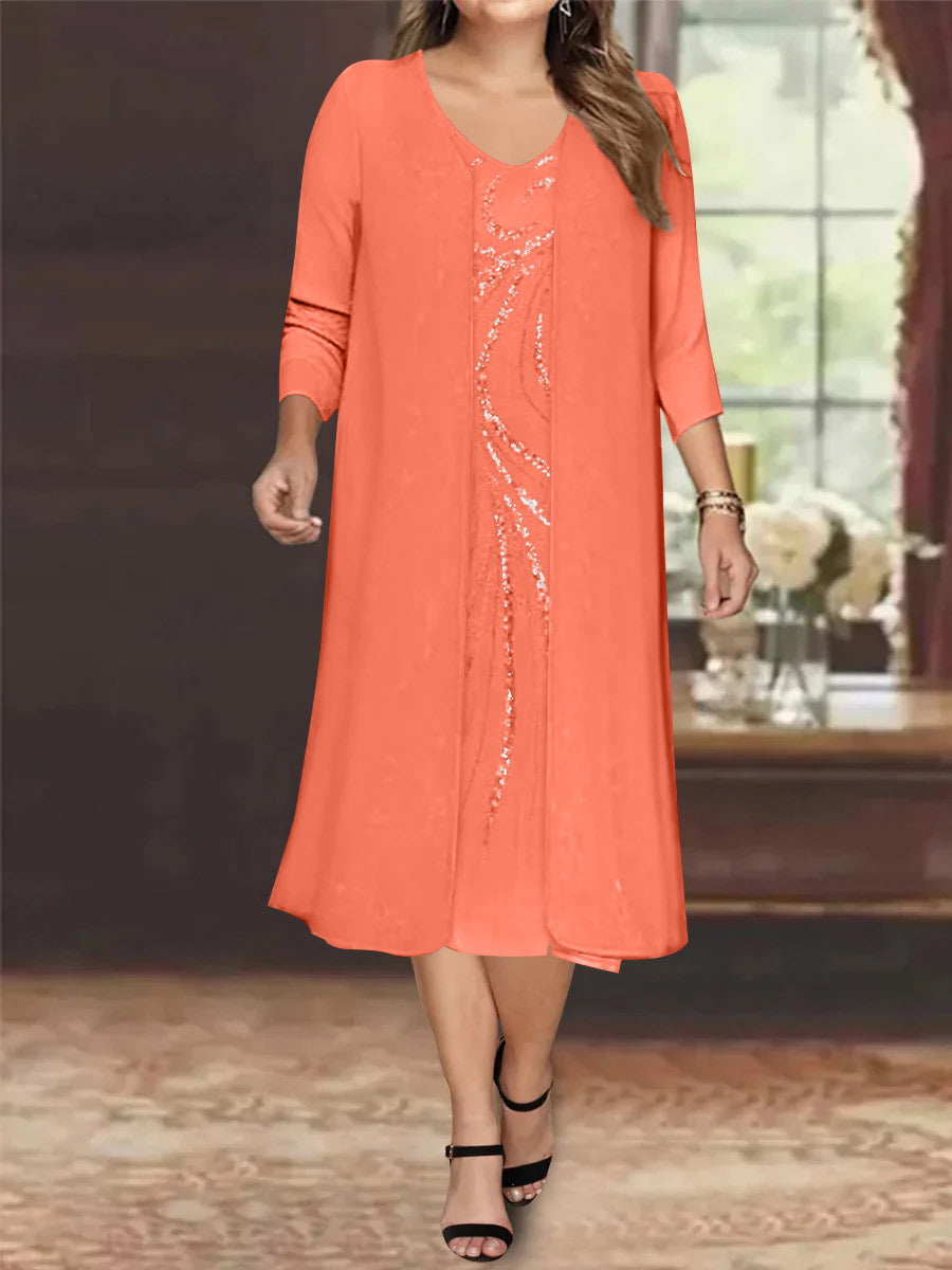 Robe de Mère de la Mariée Grande Taille à Manches Longues et Col en V avec Veste et Paillettes