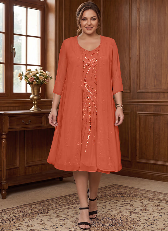 Robe de Mère de la Mariée Grande Taille à Manches Longues et Col en V avec Veste et Paillettes