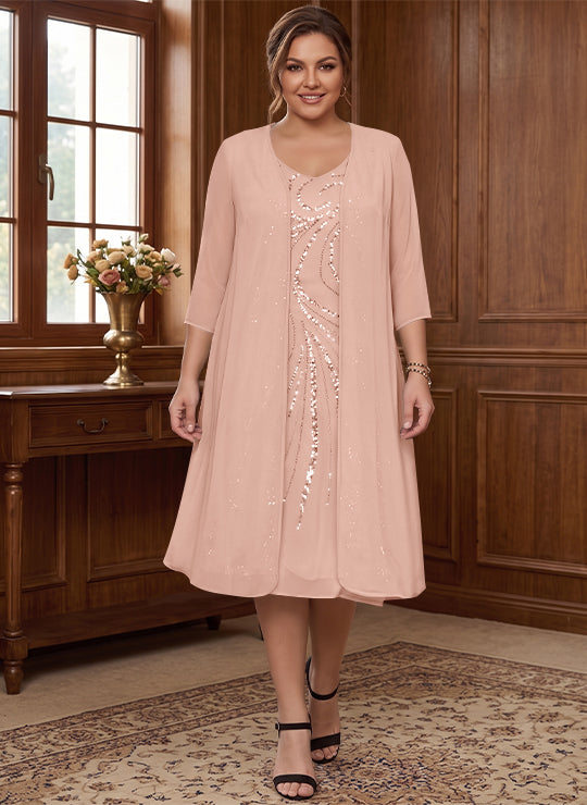 Robe de Mère de la Mariée Grande Taille à Manches Longues et Col en V avec Veste et Paillettes