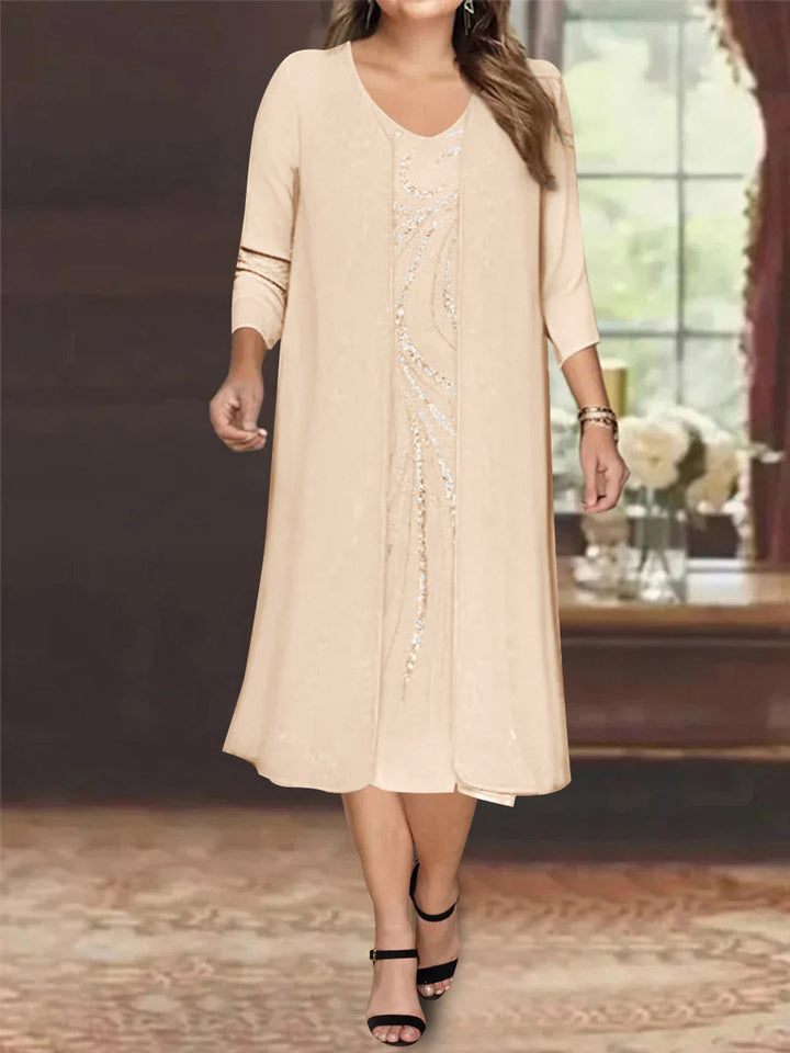 Robe de Mère de la Mariée Grande Taille à Manches Longues et Col en V avec Veste et Paillettes