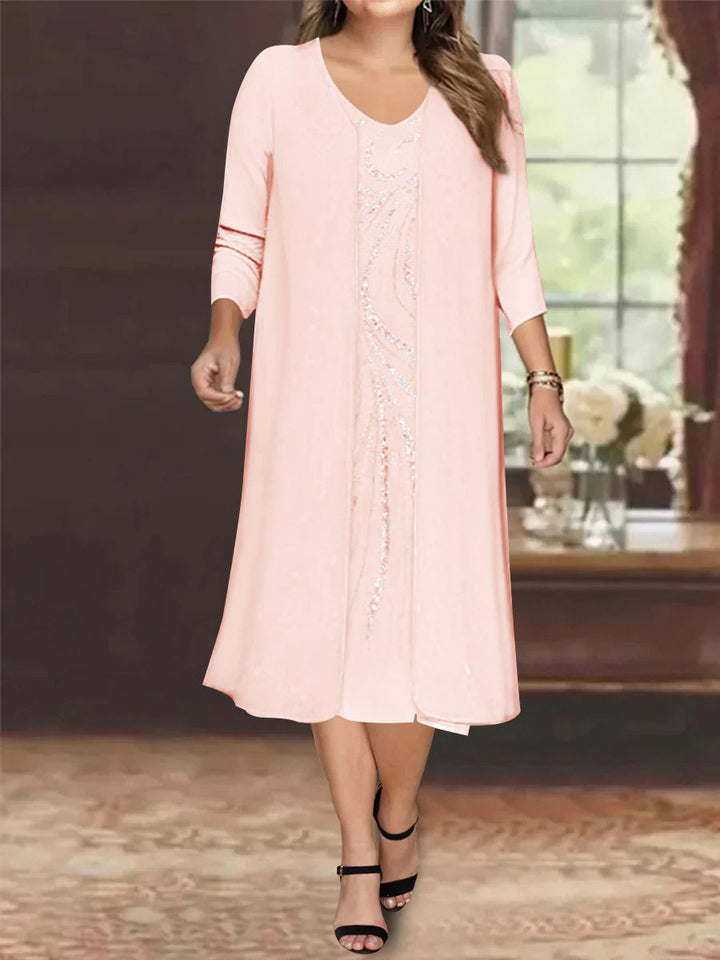 Robe de Mère de la Mariée Grande Taille à Manches Longues et Col en V avec Veste et Paillettes