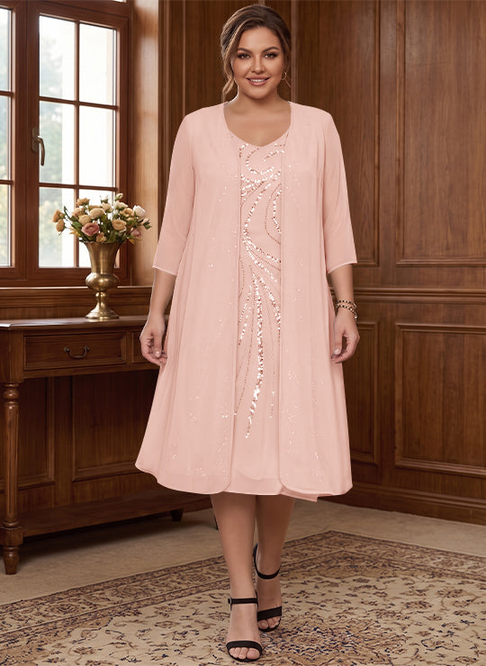 Robe de Mère de la Mariée Grande Taille à Manches Longues et Col en V avec Veste et Paillettes