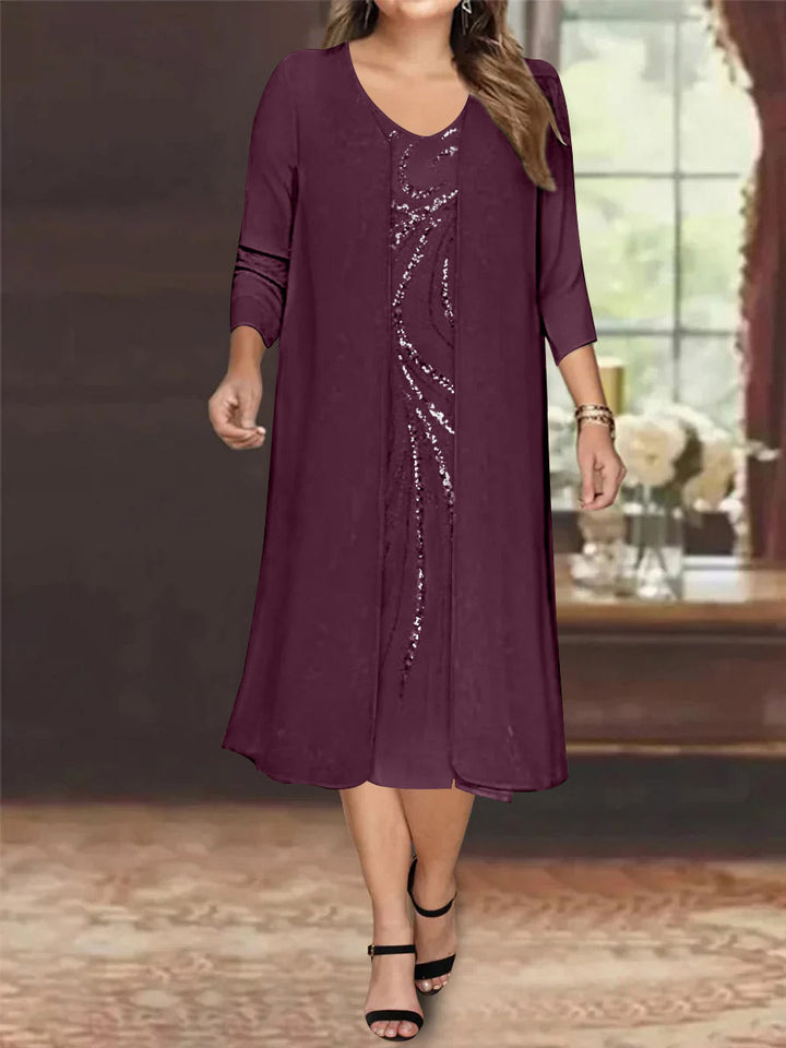 Robe de Mère de la Mariée Grande Taille à Manches Longues et Col en V avec Veste et Paillettes