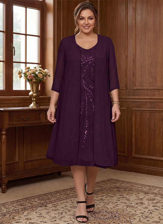 Robe de Mère de la Mariée Grande Taille à Manches Longues et Col en V avec Veste et Paillettes