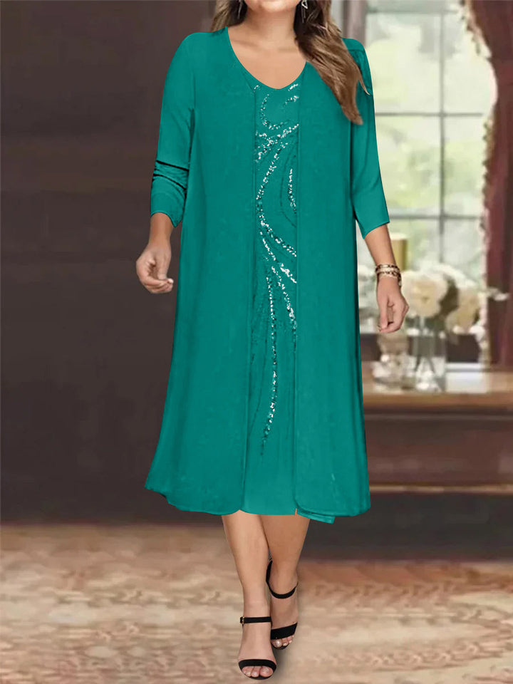 Robe de Mère de la Mariée Grande Taille à Manches Longues et Col en V avec Veste et Paillettes