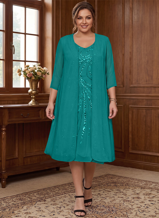 Robe de Mère de la Mariée Grande Taille à Manches Longues et Col en V avec Veste et Paillettes