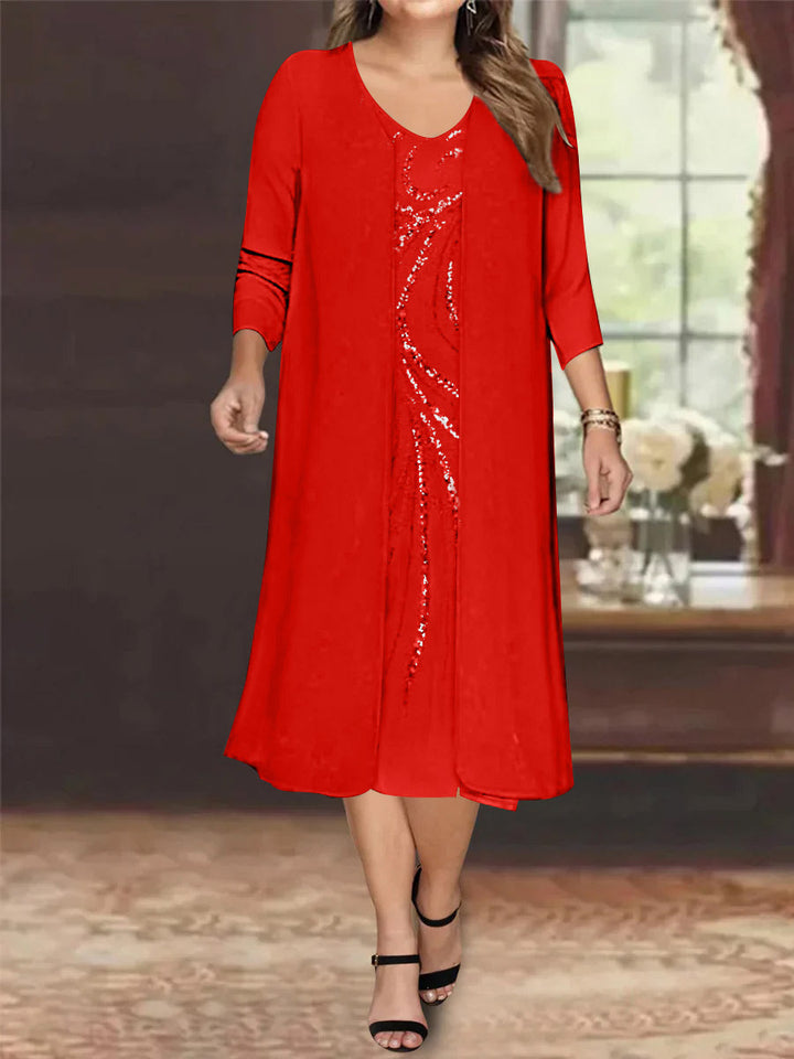 Robe de Mère de la Mariée Grande Taille à Manches Longues et Col en V avec Veste et Paillettes