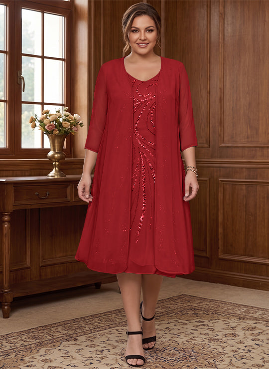 Robe de Mère de la Mariée Grande Taille à Manches Longues et Col en V avec Veste et Paillettes