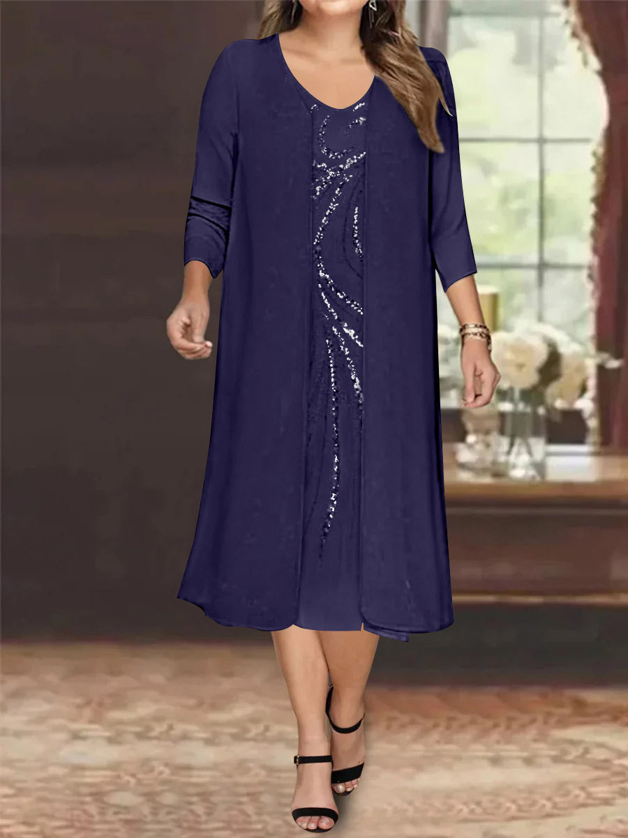 Robe de Mère de la Mariée Grande Taille à Manches Longues et Col en V avec Veste et Paillettes