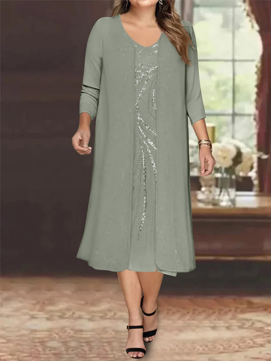 Robe de Mère de la Mariée Grande Taille à Manches Longues et Col en V avec Veste et Paillettes