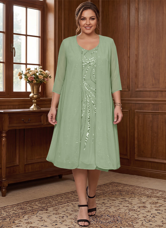Robe de Mère de la Mariée Grande Taille à Manches Longues et Col en V avec Veste et Paillettes