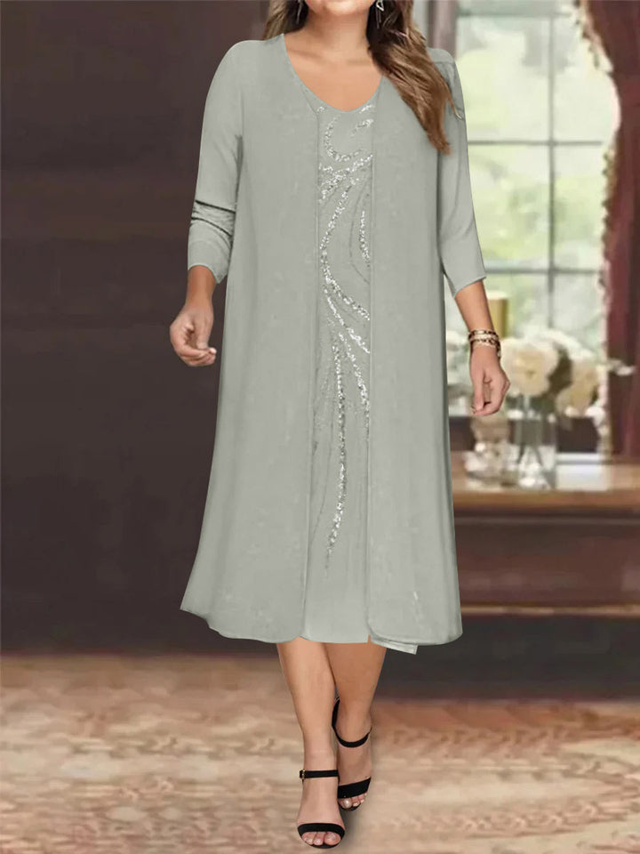 Robe de Mère de la Mariée Grande Taille à Manches Longues et Col en V avec Veste et Paillettes