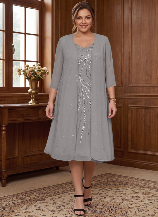 Robe de Mère de la Mariée Grande Taille à Manches Longues et Col en V avec Veste et Paillettes