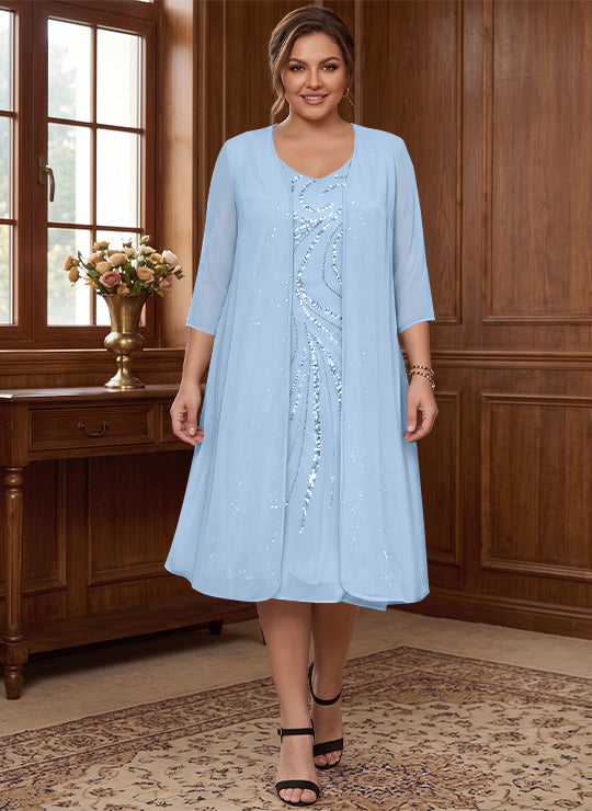 Robe de Mère de la Mariée Grande Taille à Manches Longues et Col en V avec Veste et Paillettes