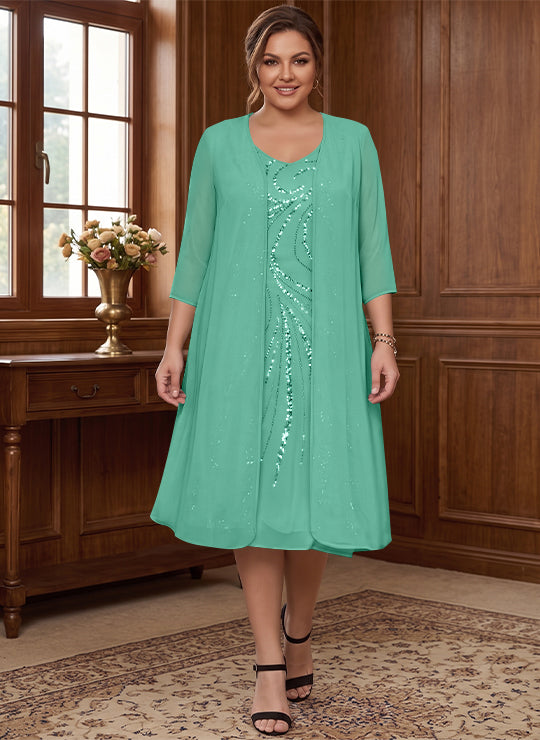 Robe de Mère de la Mariée Grande Taille à Manches Longues et Col en V avec Veste et Paillettes