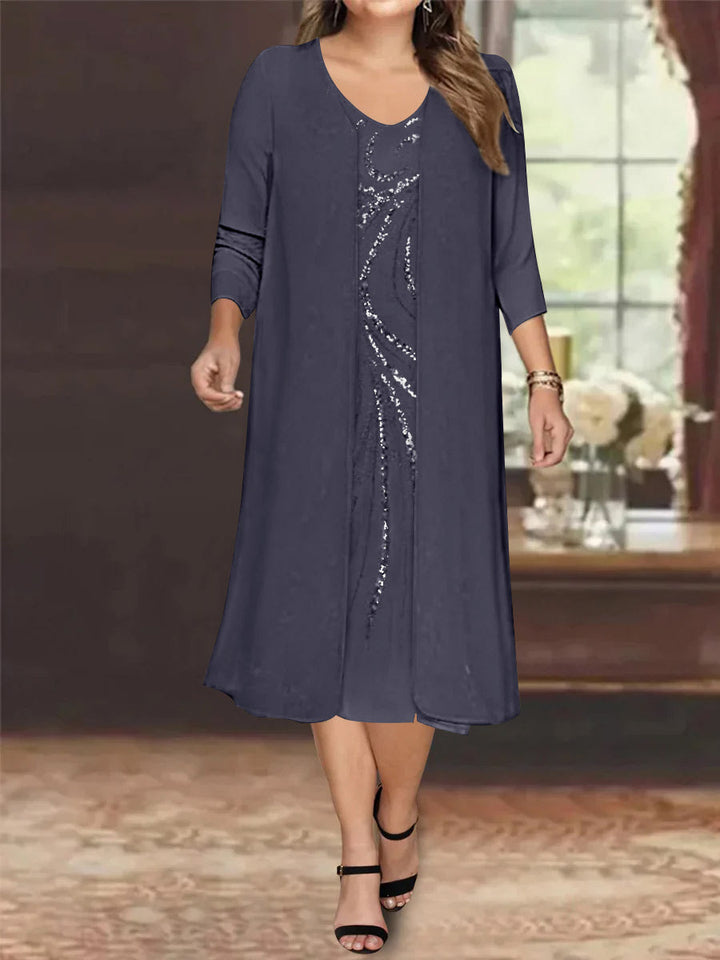 Robe de Mère de la Mariée Grande Taille à Manches Longues et Col en V avec Veste et Paillettes