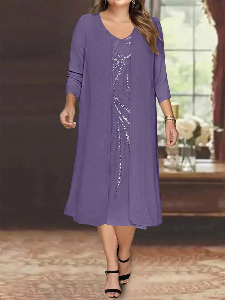 Robe de Mère de la Mariée Grande Taille à Manches Longues et Col en V avec Veste et Paillettes
