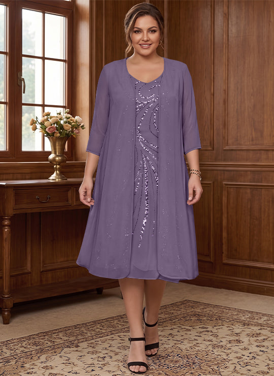 Robe de Mère de la Mariée Grande Taille à Manches Longues et Col en V avec Veste et Paillettes