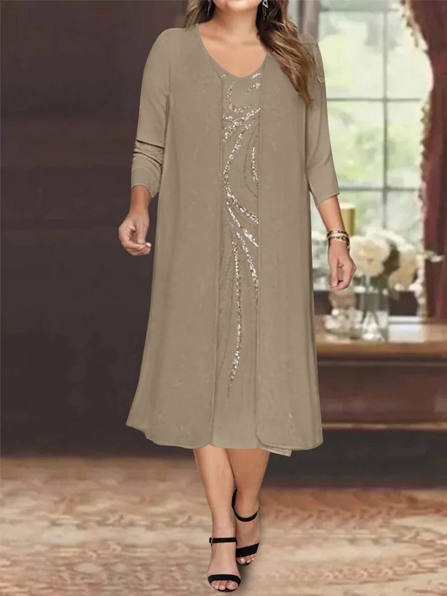 Robe de Mère de la Mariée Grande Taille à Manches Longues et Col en V avec Veste et Paillettes