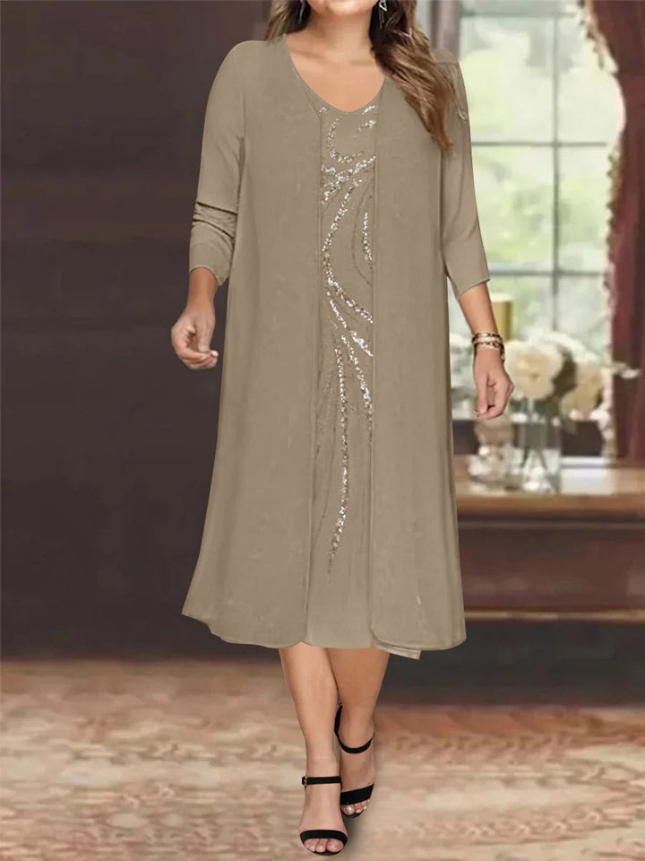 Robe de Mère de la Mariée Grande Taille à Manches Longues et Col en V avec Veste et Paillettes