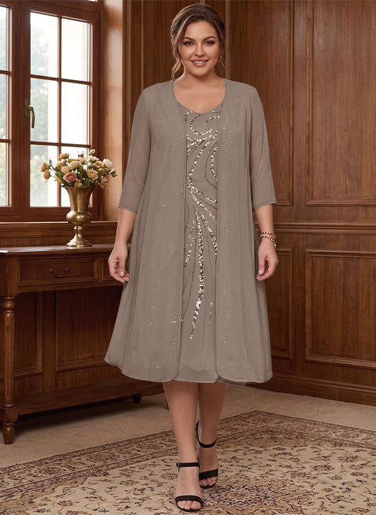 Robe de Mère de la Mariée Grande Taille à Manches Longues et Col en V avec Veste et Paillettes